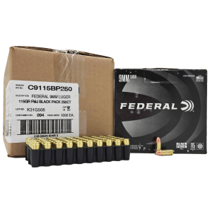 FEDERAL BLACK PACK 9MM LUGER 115 GRAIN FULL METAL JACKET AMMUNITION 1000rd CASE (4x250rd Boxes) - Federal