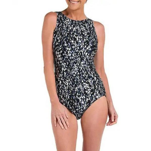Women's Maxine Brushstroke Shimmer High Neck One Piece Swimsuit Sporty 12 Black