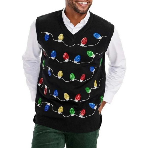 Men's Tipsy Elves Sweater Vest Sequin Tangle Wrangler Ugly Christmas Medium Black