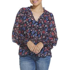 Women's DRESS FORUM Floral Self Tie Long Sleeve Blouse Small Indigo Garden