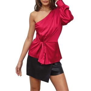 Women's DRESS FORUM Top Notch One Shoulder Long Sleeve Blouse Medium Ruby