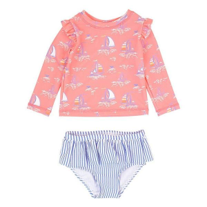 Girls' RuffleButts Skirted Flutter Long Sleeve Rash Guard Swim Set Toddler 3T Pink Seas The Day
