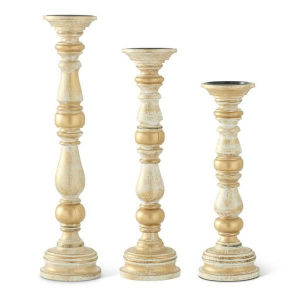 K&K Interiors Whitewashed Carved Wood Spindle Candleholder