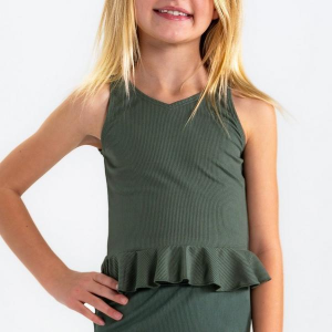 Girls' Janela Bay V Neck Peplum Ribbed Swim Tankini 10/11 Olive