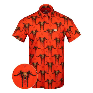Men's Retro Rifle Steer Skull Button Up Shirt Large Red