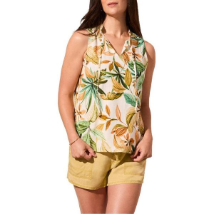 Women's Tribal Frill Neck Linen Sleeveless Blouse Small Aloe