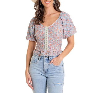 Women's Rock & Roll Denim Lace Puff Sleeve Shirt Large Light Turquoise
