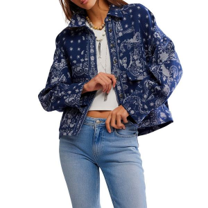 Women's Free People Bandana Jacquard Long Sleeve Shacket Medium Indigo