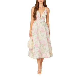 Women's ASTR The Label Janna Floral Plunge Midi Dress Small Pink Ivory Floral