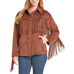 Women's Rock & Roll Denim Microsuede Fringe Jacket Medium Brown