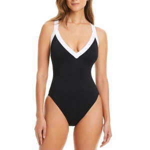 Women's Bleu Rod Beattie I'm With The Band Plunging V-Neck Cross back One Piece Swimsuit Contemporary 14 Black