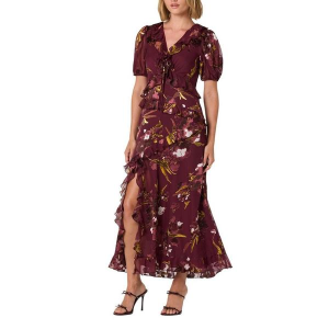 Women's ASTR The Label Bennet Ruffle Trim Midi Dress Medium Wine Floral