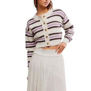 Women's Free People Cardigan Lila Stripe Large Ivory Combo