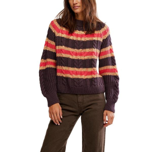 Women's Free People Pullover Sweater Frankie Cable Striped Medium Chocolate