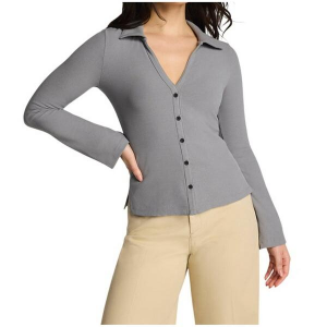 Women's Spanx Ribbed Knit Long Sleeve Button Up Shirt XLarge Dove Grey