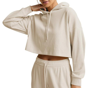 Women's Beyond Yoga Breathe Easy Ribbed Cropped Hoodie XLarge Ivory