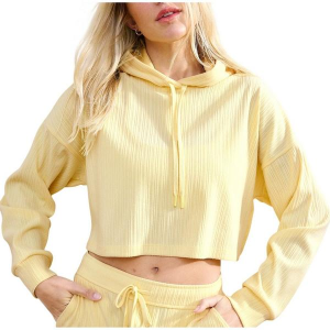 Women's Beyond Yoga Breathe Easy Ribbed Cropped Hoodie Small Yellow Swirl