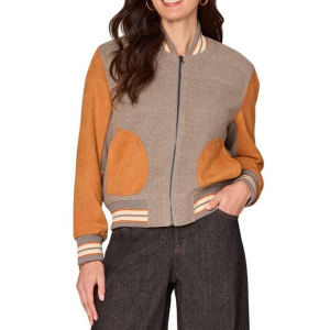 Women's Democracy Round Patch Pocket Mixed Media Bomber Jacket Large Grey Heather Pumpkn