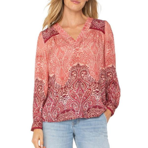 Women's Liverpool Los Angeles Popover Woven Long Sleeve Blouse Small Mauve Ombre Paisley