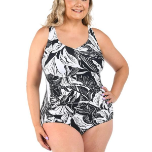 Women's Maxine Night Tropics Side Shirred One Piece Swimsuit Misses 24W Black
