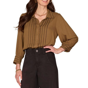 Women's Democracy Scallop Edge Tipping 3/4 Sleeve Button Up Shirt Medium Olive Black