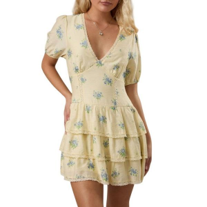 Women's Le Lis Puff Sleeve Tiered Dress Large Butter Blue Floral