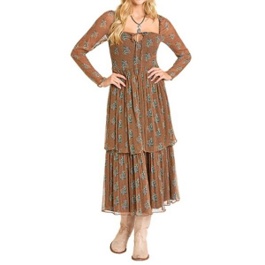 Women's Rock & Roll Denim Striped Floral Maxi Dress Small Brown