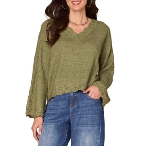 Women's Democracy Pullover Sweater Pointelle Scallop Edge Trim Small Green