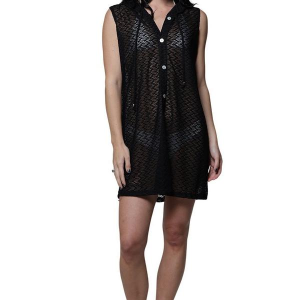 Women's J Valdi Sleeveless Button Escala Shirt Swim Cover Up 2X Black