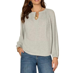Women's Democracy Smocking Detail Knit Long Sleeve Shirt Small Heather Grey
