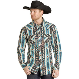 Men's Rock & Roll Denim Aztec Tapesty Slim Fit Snap Long Sleeve Button Up Shirt Large Blue