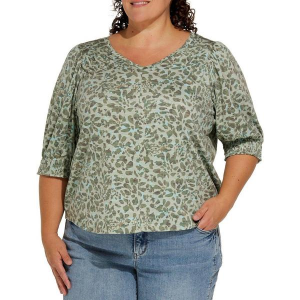 Women's Democracy Hem Printed Knit 3/4 Sleeve Blouse 3X Pond Green