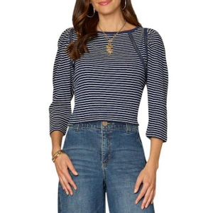 Women's Democracy Crochet Stitch 3/4 Sleeve Shirt Small Navy/Off White