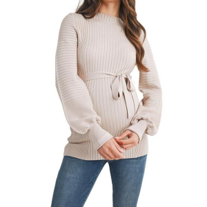 Women's Hello Miz Pullover Sweater Belted Large Cream