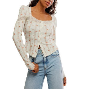 Women's Free People Printed Lets Party Cardi Long Sleeve Shirt Medium Tea Combo