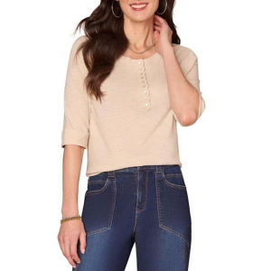 Women's Democracy Elbow Roll Cuff Crochet Placket Knit 3/4 Sleeve Henley XLarge Stone