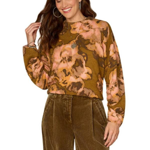 Women's Democracy Pullover Sweater Ruched Sleeve Printed XLarge Golden Olive