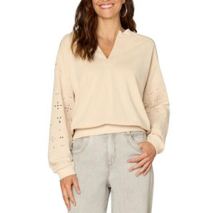 Women's Democracy Pullover Sweater Die Cut Embroidered Medium Macadamia