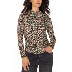 Women's Liverpool Los Angeles Pleasted Knit Top With Shirring Long Sleeve Shirt Small Multi Geo Ikat