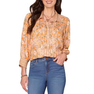 Women's Democracy Printed Woven 3/4 Sleeve Blouse Medium Ivory Butternut Squash