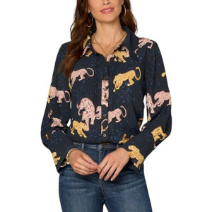 Women's Democracy French Cuff Band Printed Long Sleeve Button Up Shirt XLarge Navy Multi