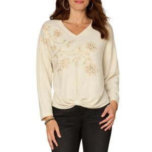 Women's Democracy Pullover Sweater Knot Hem Beaded Floral Embroidery Medium Heather Cream