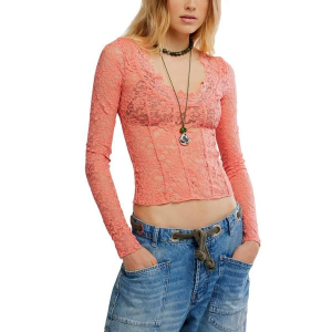 Women's Free People All Night Long Sleeve Shirt Large Coral Crimson
