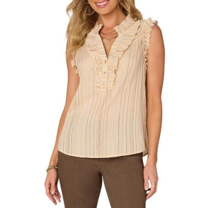 Women's Democracy Ruffle Armhole Ruched Stand Collar Woven V-Neck Tank Top Medium Ecru Stripe Multi