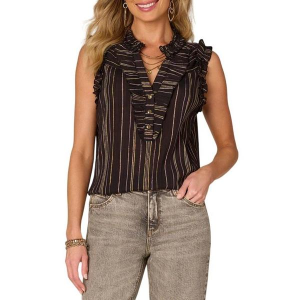 Women's Democracy Ruffle Armhole Ruched Stand Collar Woven V-Neck Tank Top Small Black Stripe Multi