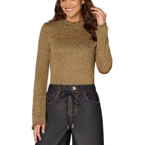 Women's Democracy Pullover Sweater Bell Sleeve Printed XLarge Olive Bronze
