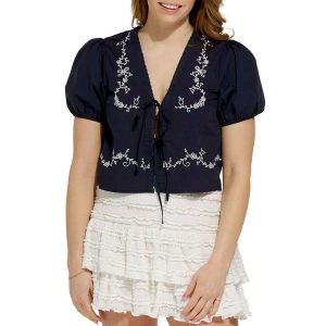 Women's Le Lis Puff Sleeve Tie Front Shirt Large Navy White