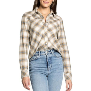 Women's Thread & Supply Yana Long Sleeve Button Up Shirt Medium Cream Blue Plaid