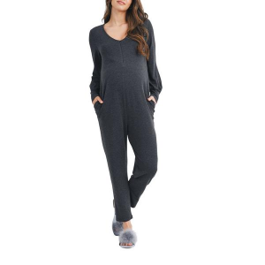 Women's Hello Miz French Terry Zip Front Nursing Friendly Jumpsuit Large Charcoal