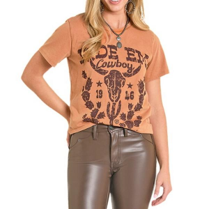 Women's Rock & Roll Denim Ride Em Cowboy T-Shirt Medium Burnt Orange